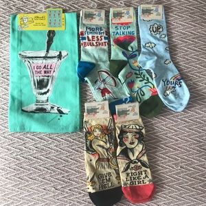 Assortment of Blue Q socks & dish towel